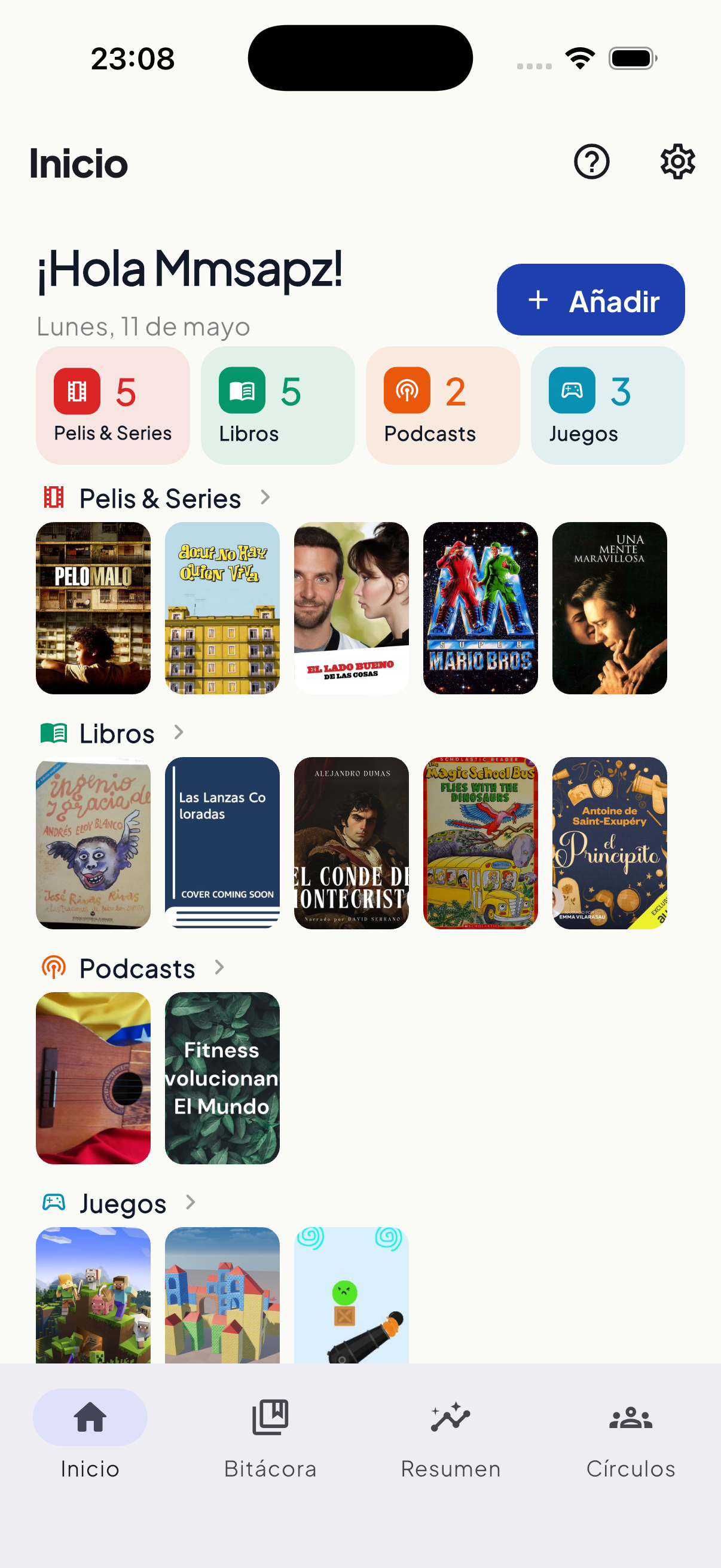 Pantalla principal de MyBitacora con estadísticas y categorías